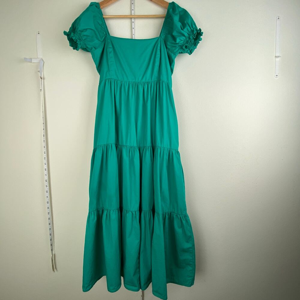 OPT Puff Sleeve Tiered Cotton Midi Dress Jade Green Size M - Picture 5 of 13